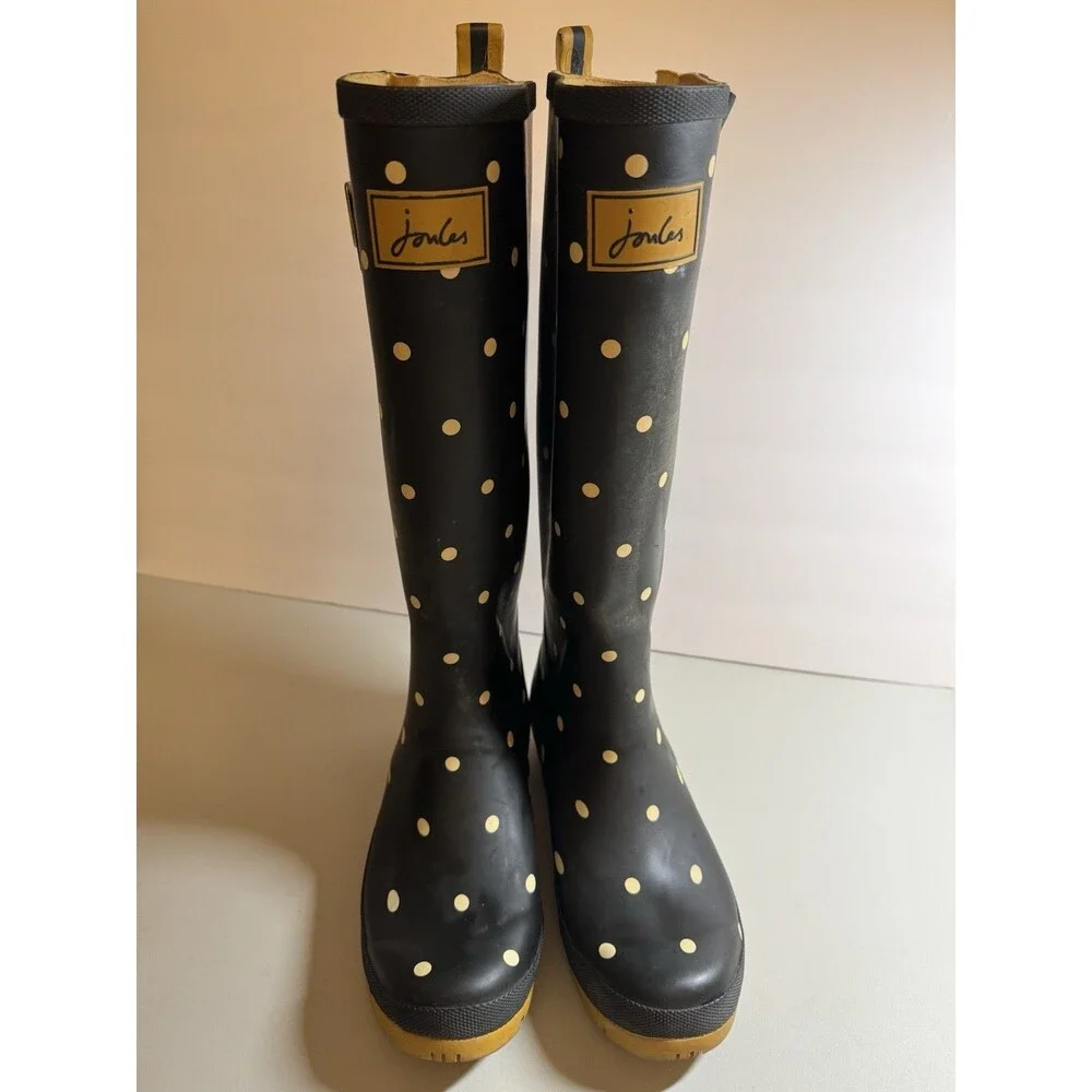 Joules Womens Molly Welly Tall Rain Boots, Polka Dot US Size 8 Black Yellow Cute